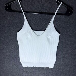 Women M/L White Ribbed Knit V-Neck Cami Crop Top Spaghetti Strap Preppy Coquette